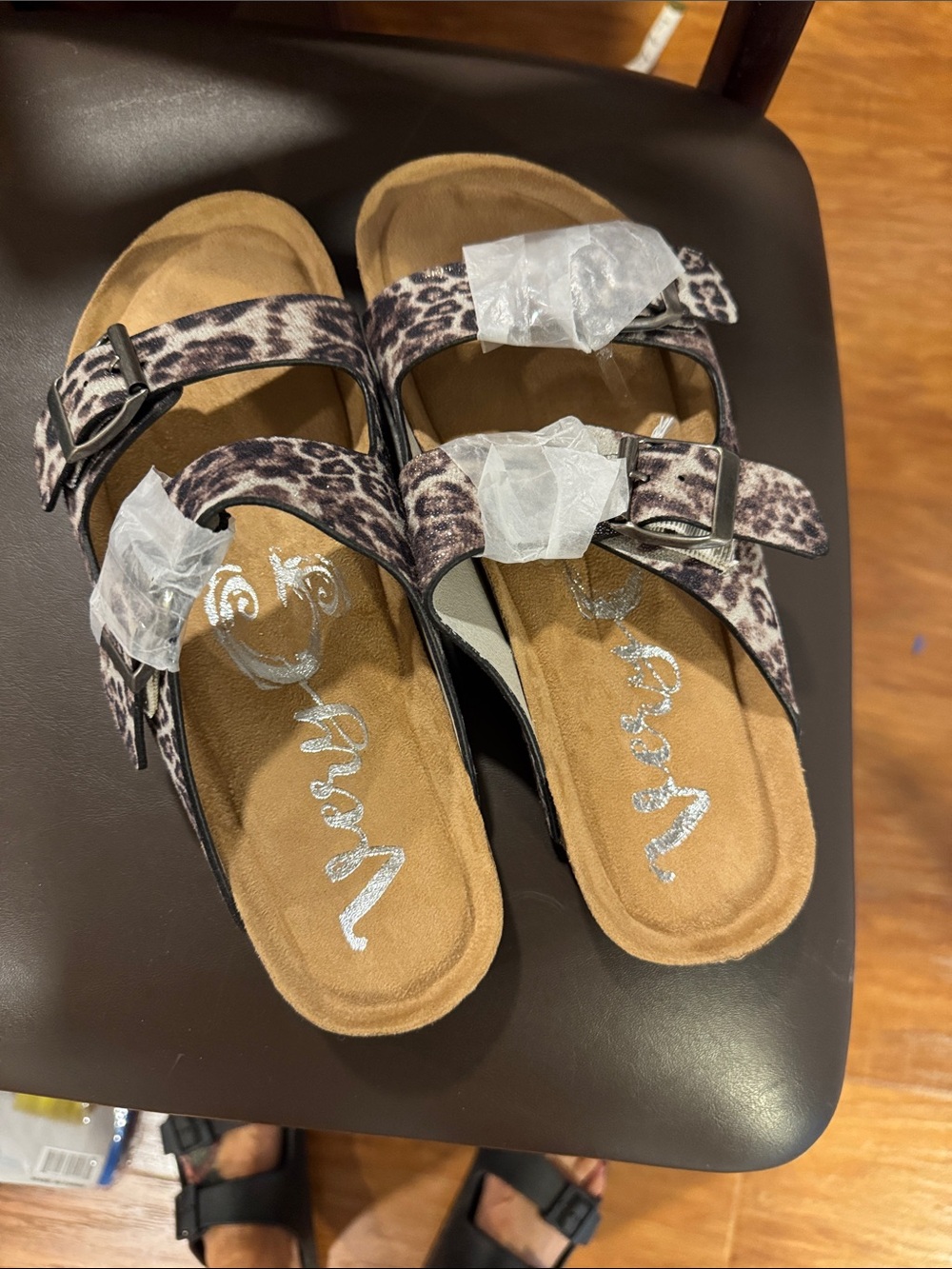 Very G Leopard-Print Double Strap Slide Sandals in Brown and Black